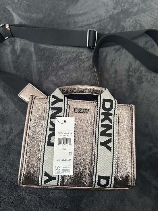 Dkny Handbags - DKNY Metallic Rose Gold Mini Tote with Logo Webbing Straps